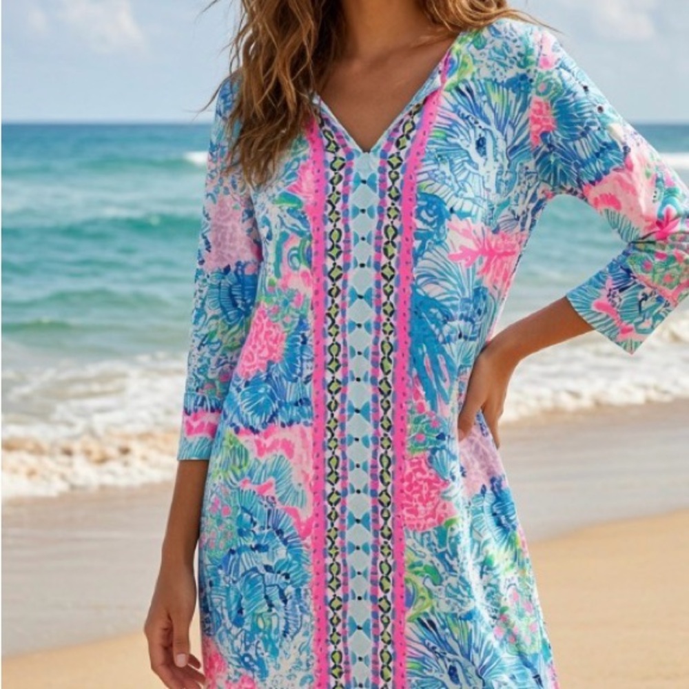 Women’s Floral V-Neck Beach Dress - Pink & Blue - Picture 1 of 2